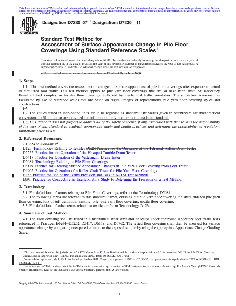 REDLINE ASTM D7330-11 - Standard Test Method for Assessment of Surface Appearance Change in Pile Floor Coverings Using Standard Reference Scales