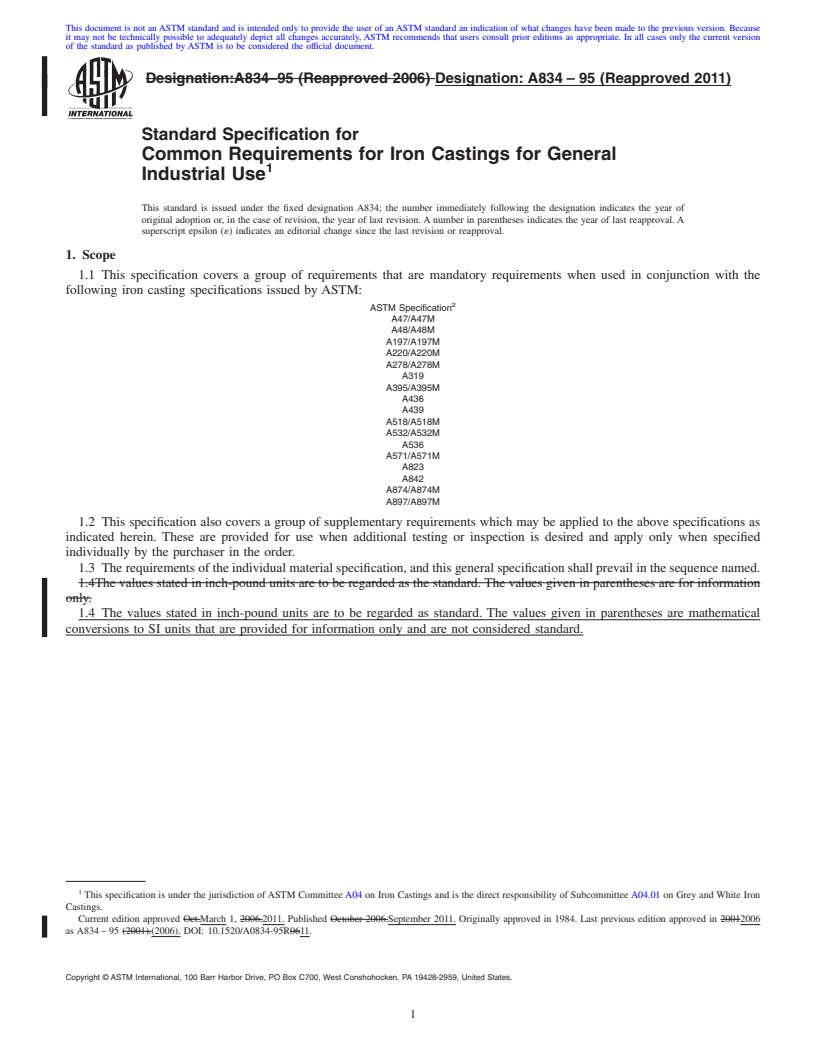 REDLINE ASTM A834-95(2011) - Standard Specification for  Common Requirements for Iron Castings for General Industrial Use