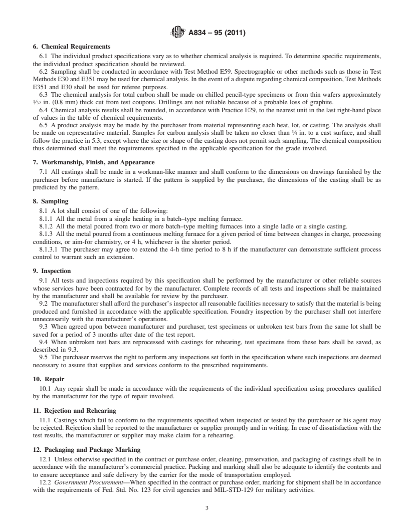 REDLINE ASTM A834-95(2011) - Standard Specification for  Common Requirements for Iron Castings for General Industrial Use