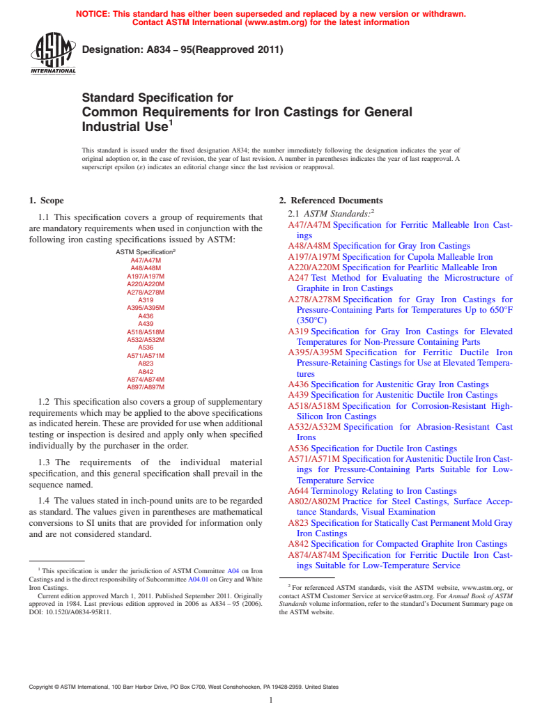 ASTM A834-95(2011) - Standard Specification for  Common Requirements for Iron Castings for General Industrial Use