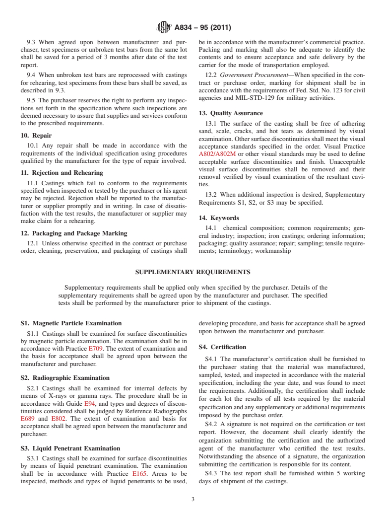 ASTM A834-95(2011) - Standard Specification for  Common Requirements for Iron Castings for General Industrial Use