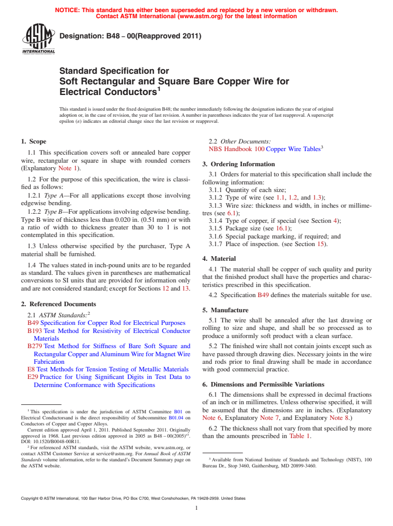 ASTM B48-00(2011) - Standard Specification for  Soft Rectangular and Square Bare Copper Wire for Electrical Conductors