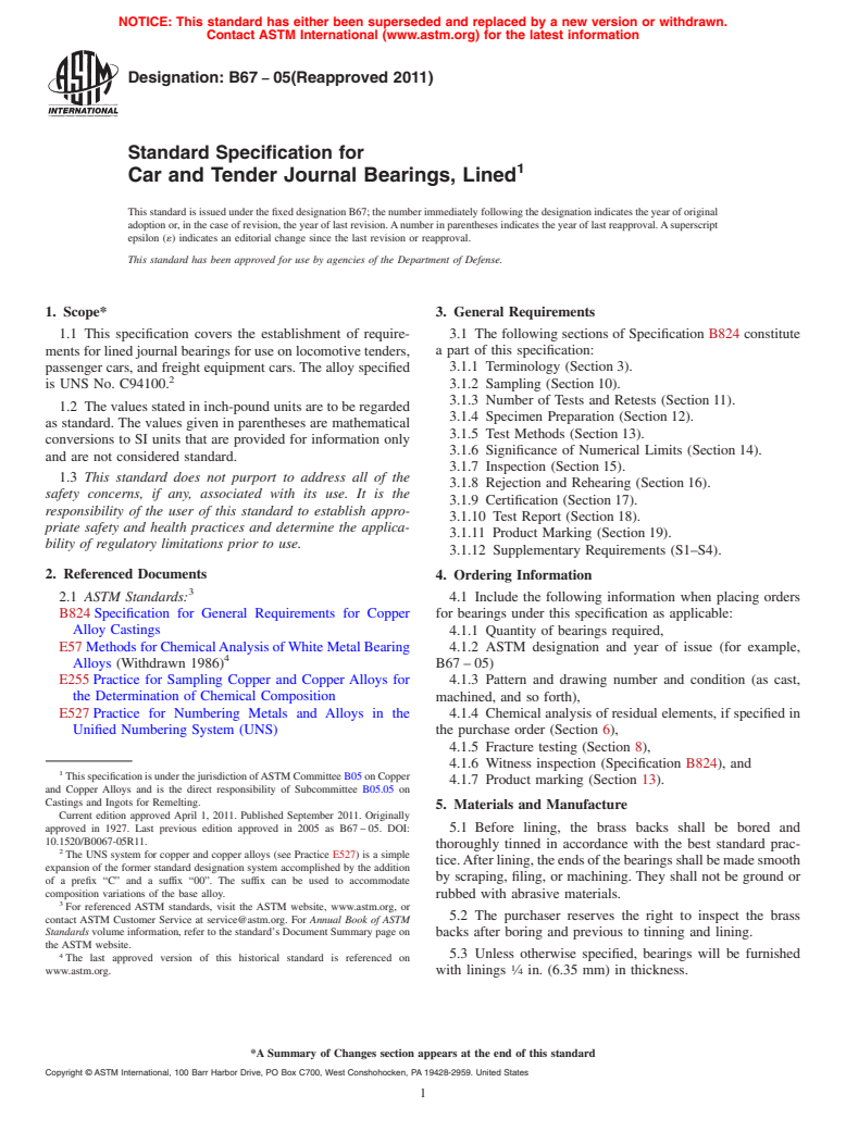 ASTM B67-05(2011) - Standard Specification for Car and Tender Journal Bearings, Lined