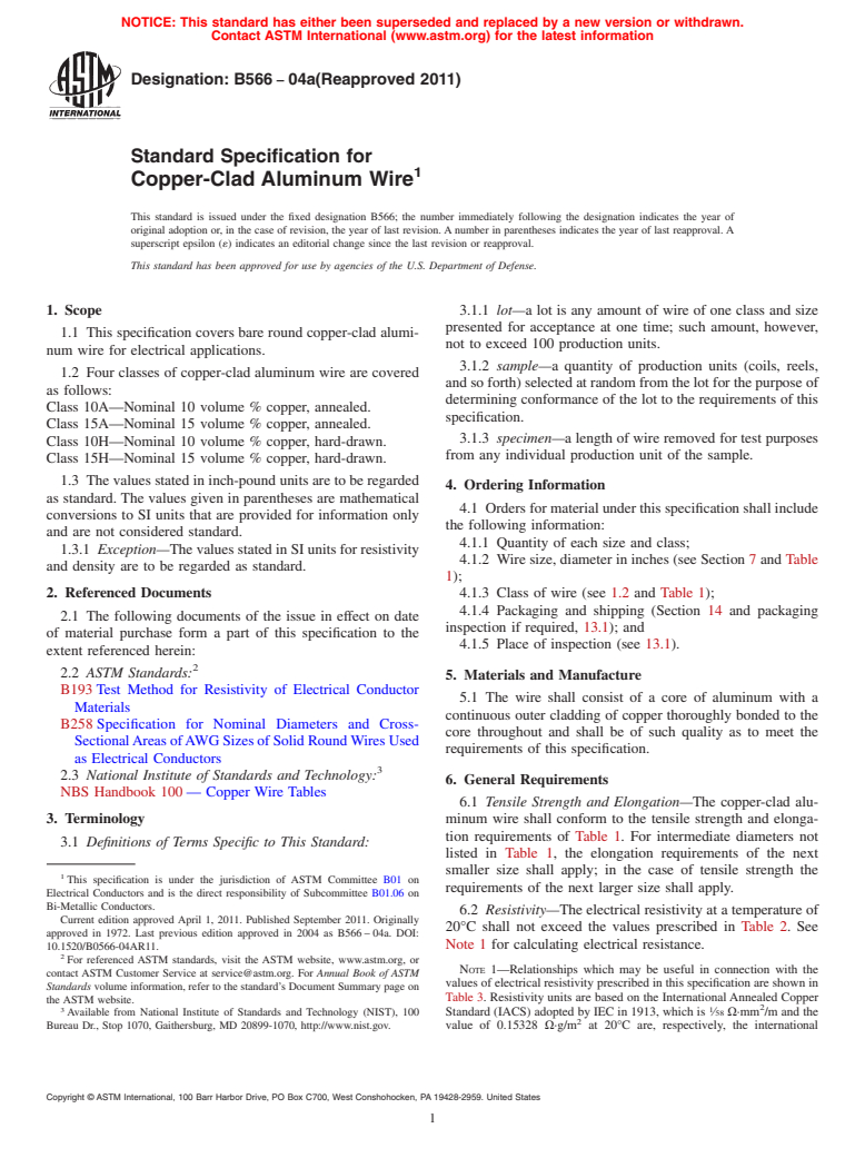 ASTM B566-04a(2011) - Standard Specification for Copper-Clad Aluminum Wire