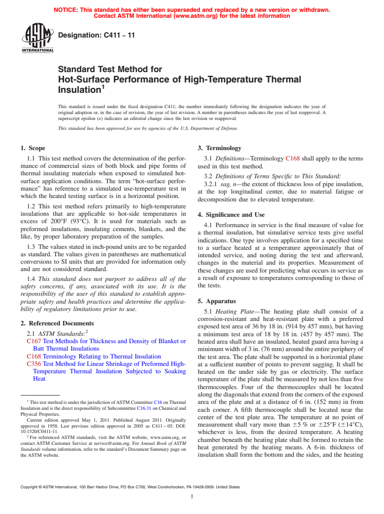 ASTM C411-11 - Standard Test Method for  Hot-Surface Performance of High-Temperature Thermal Insulation