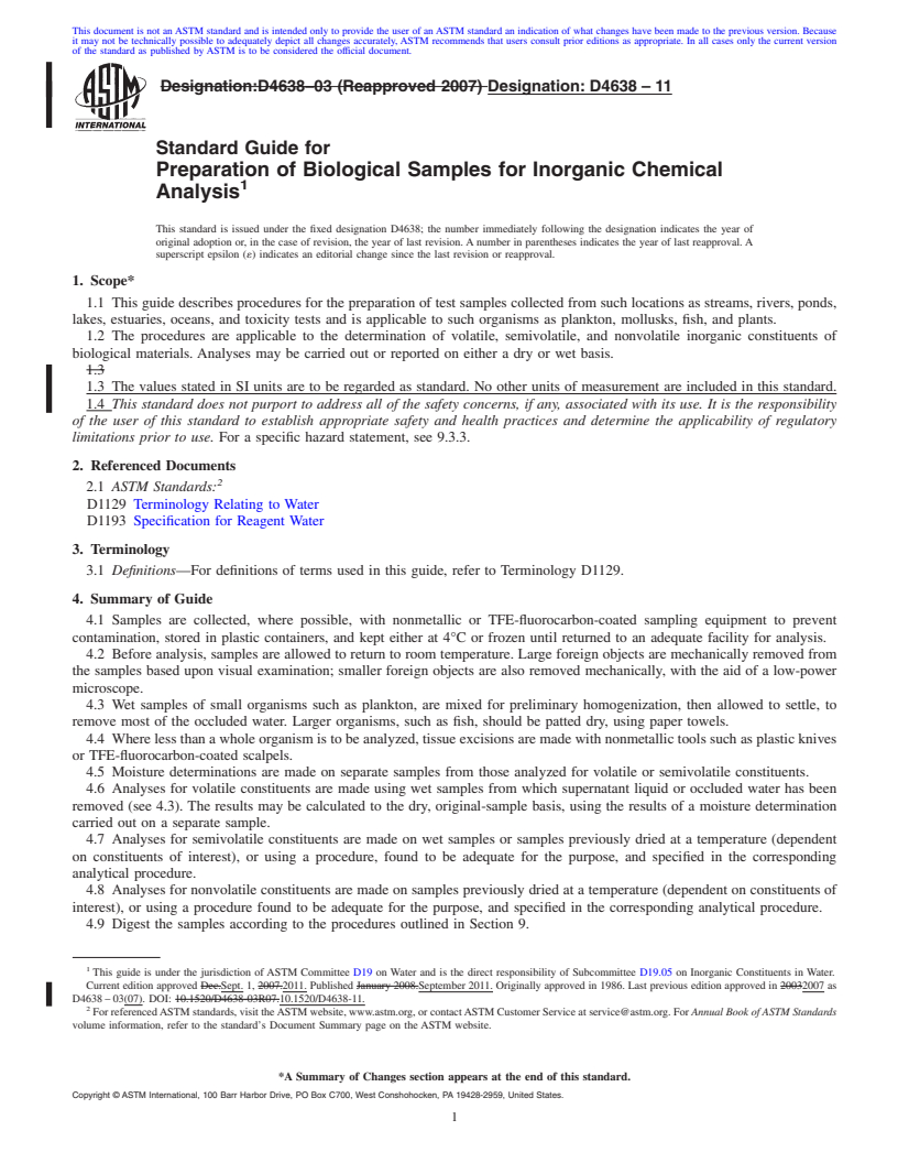 REDLINE ASTM D4638-11 - Standard Guide for  Preparation of Biological Samples for Inorganic Chemical Analysis