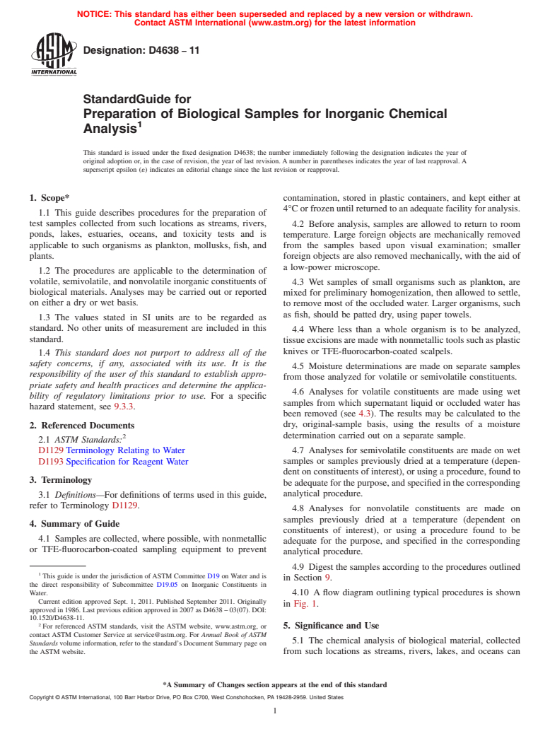 ASTM D4638-11 - Standard Guide for  Preparation of Biological Samples for Inorganic Chemical Analysis