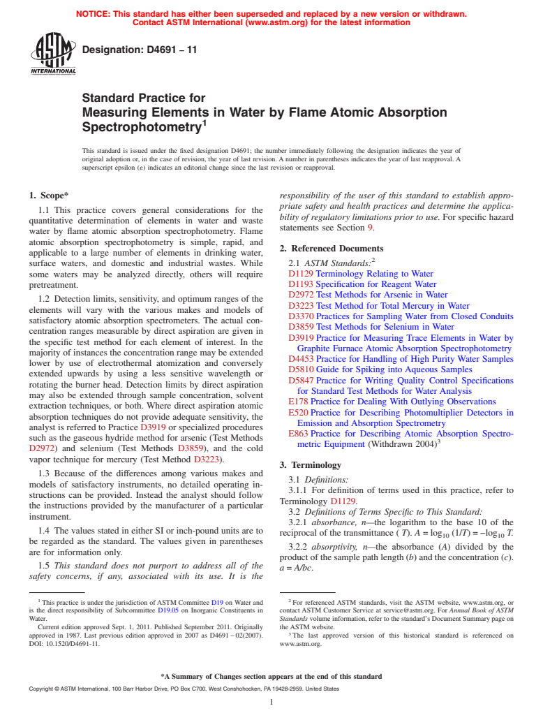 ASTM D4691-11 - Standard Practice for  Measuring Elements in Water by Flame Atomic Absorption Spectrophotometry