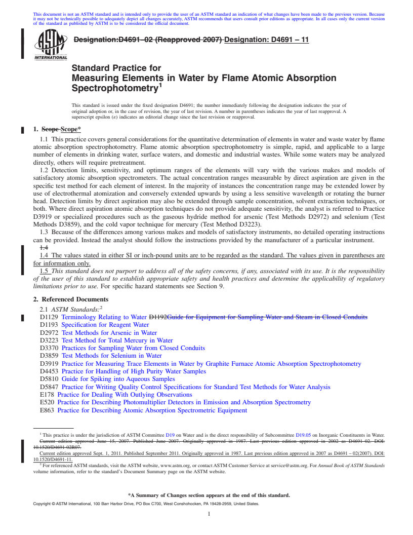 REDLINE ASTM D4691-11 - Standard Practice for  Measuring Elements in Water by Flame Atomic Absorption Spectrophotometry