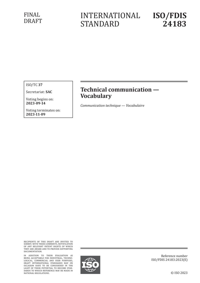 ISO/FDIS 24183 - Technical communication — Vocabulary
Released:31. 08. 2023