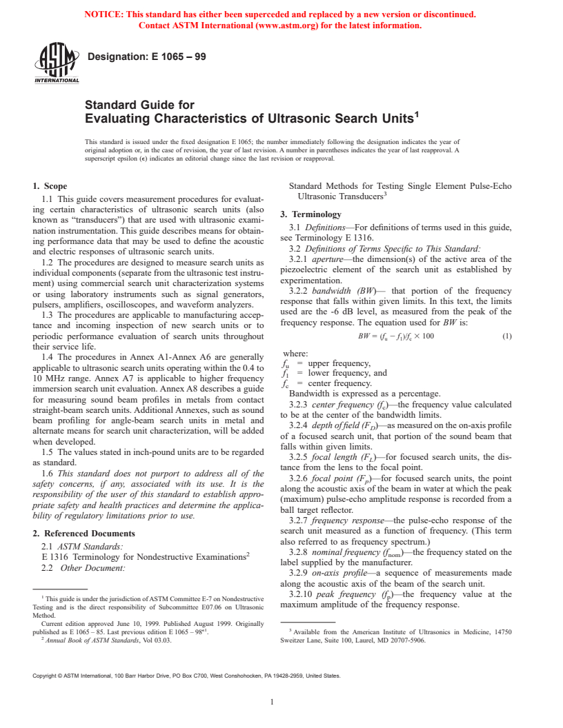 ASTM E1065-99 - Standard Guide for Evaluating Characteristics of Ultrasonic Search Units