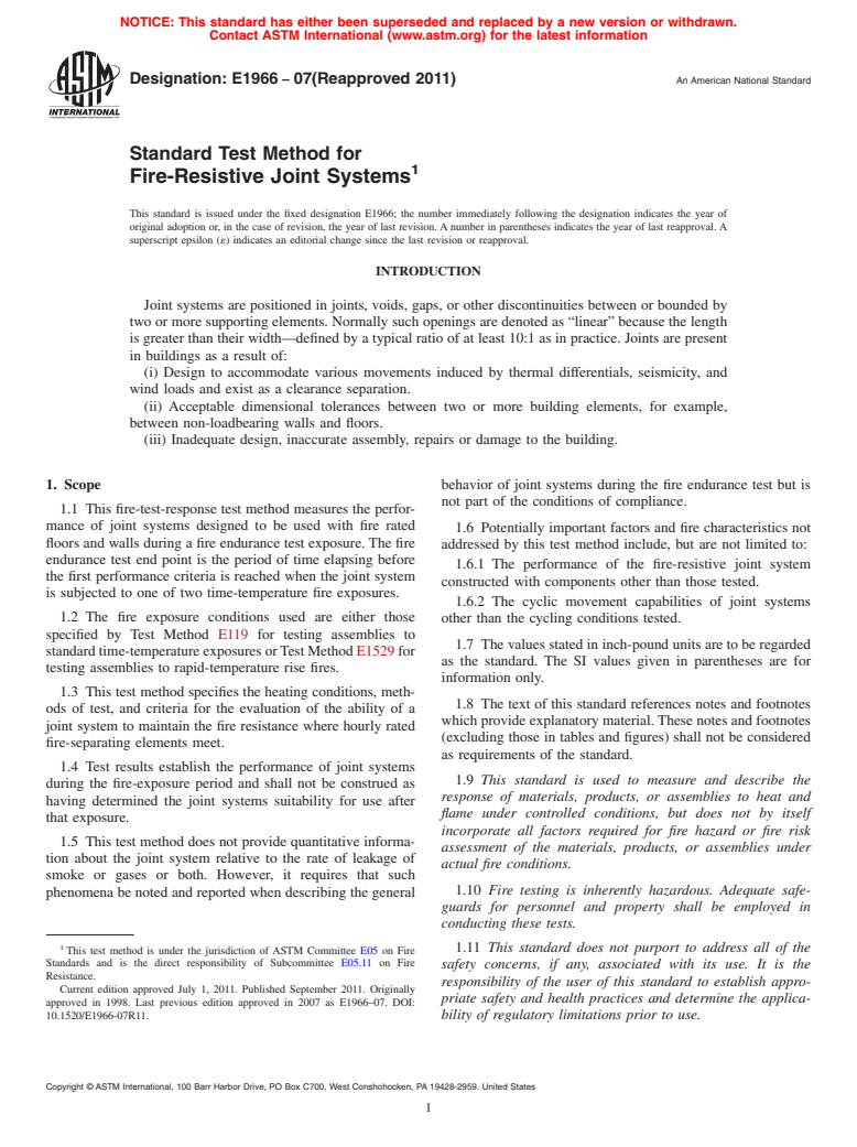 ASTM E1966-07(2011) - Standard Test Method for Fire-Resistive Joint Systems