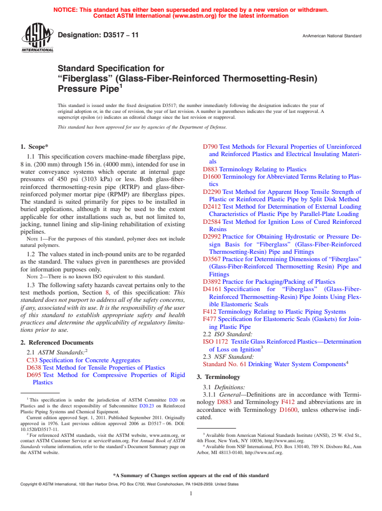 ASTM D3517-11 - Standard Specification for "Fiberglass" (Glass-Fiber-Reinforced Thermosetting-Resin) Pressure Pipe