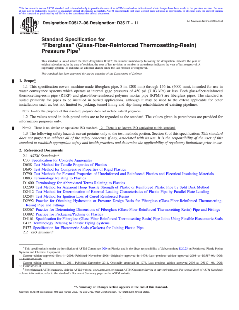 REDLINE ASTM D3517-11 - Standard Specification for "Fiberglass" (Glass-Fiber-Reinforced Thermosetting-Resin) Pressure Pipe