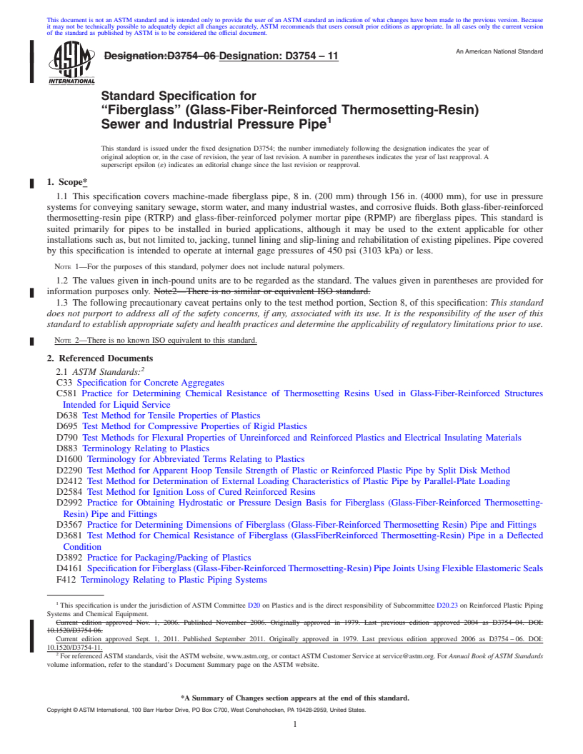 REDLINE ASTM D3754-11 - Standard Specification for  <span class='unicode'>&#x201C;</span>Fiberglass<span class='unicode'>&#x201D;</span> (Glass-Fiber-Reinforced Thermosetting-Resin) Sewer and Industrial Pressure Pipe