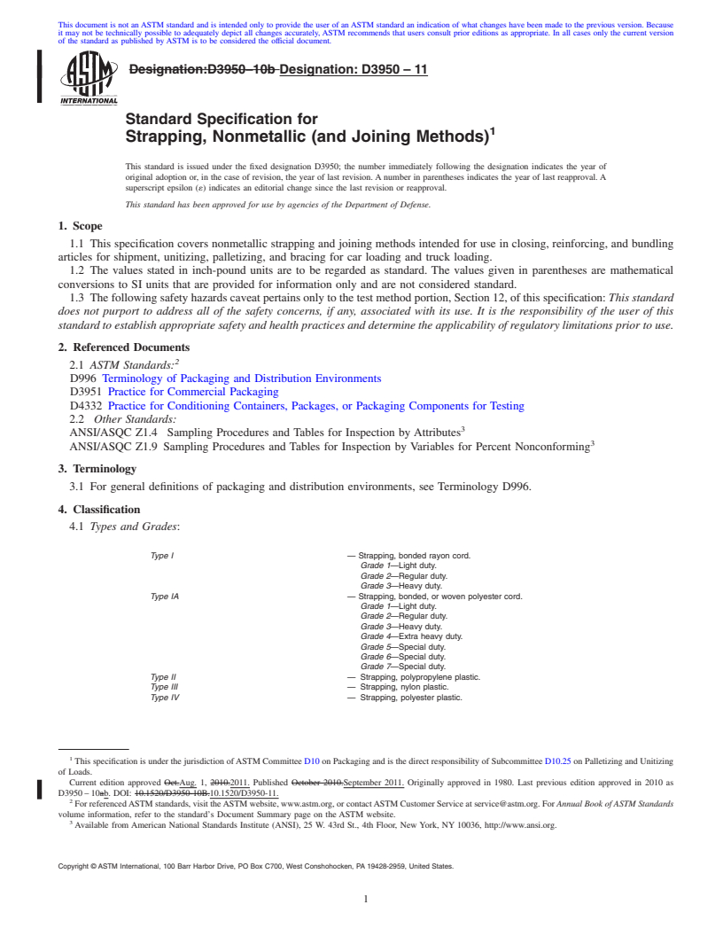 REDLINE ASTM D3950-11 - Standard Specification for  Strapping, Nonmetallic (and Joining Methods)