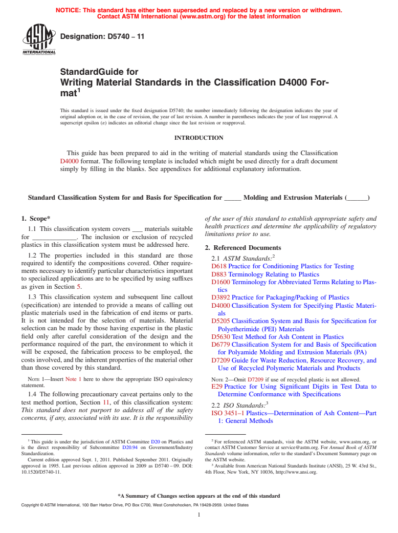 ASTM D5740-11 - Standard Guide for  Writing Material Standards in the Classification D4000 Format