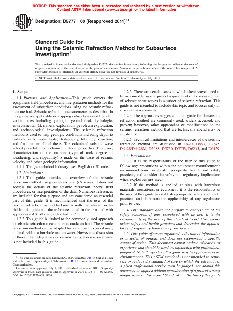 ASTM D5777-00(2011)e1 - Standard Guide for  Using the Seismic Refraction Method for Subsurface Investigation