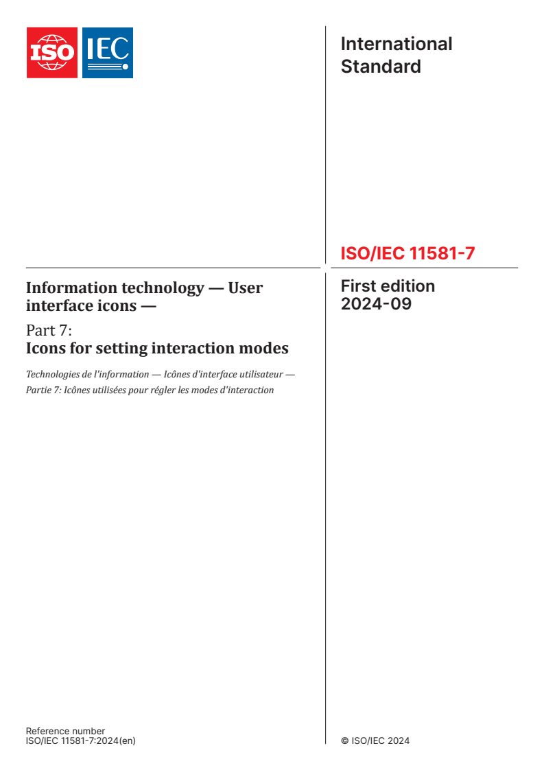 ISO/IEC 11581-7:2024 - Information technology — User interface icons — Part 7: Icons for setting interaction modes
Released:19. 09. 2024