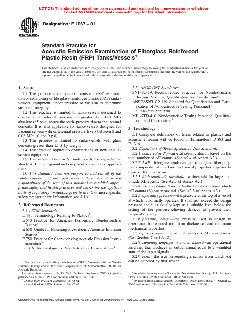 ASTM E1067-01 - Standard Practice for Acoustic Emission Examination of Fiberglass Reinforced Plastic Resin (FRP) Tanks/Vessels