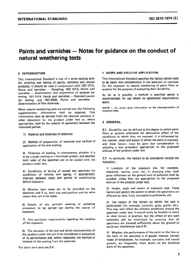 ISO 2810:1974 - Paints and varnishes -- Notes for guidance on the conduct of natural weathering tests