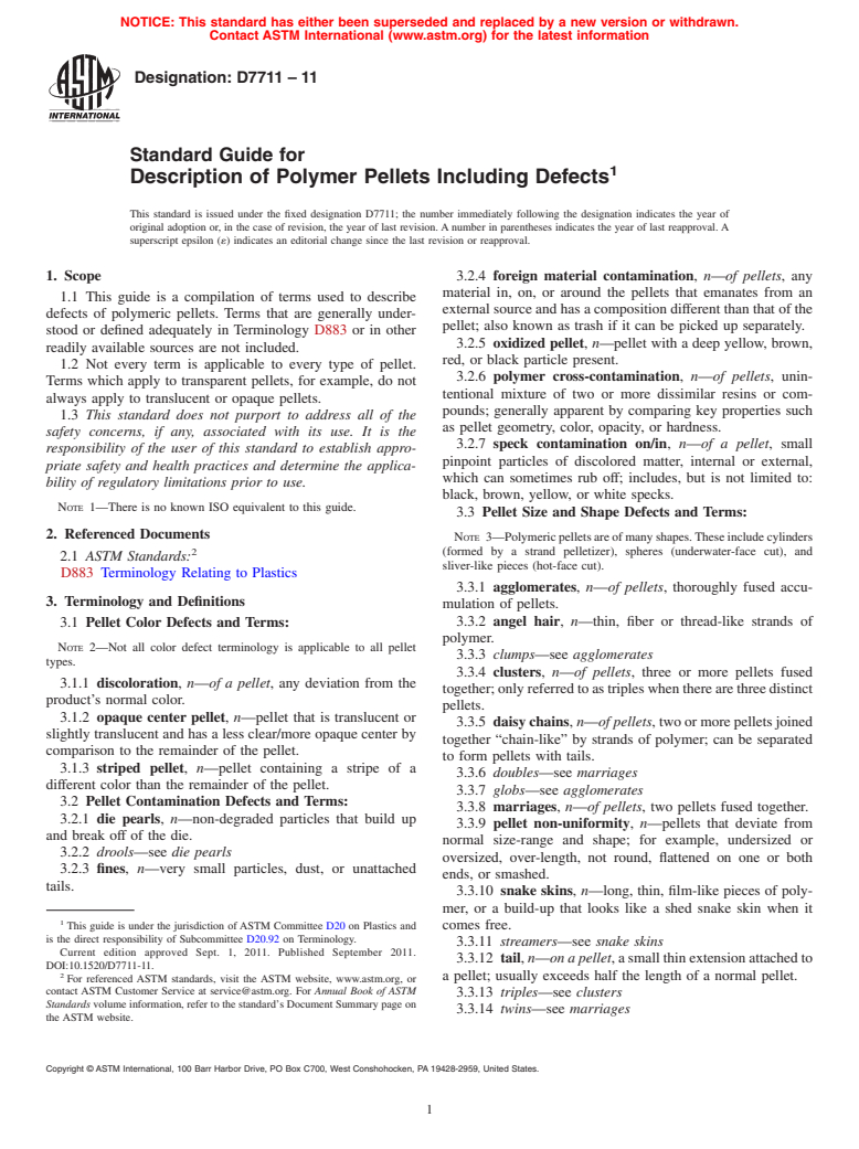 ASTM D7711-11 - Standard Guide for Description of Polymer Pellets Including Defects