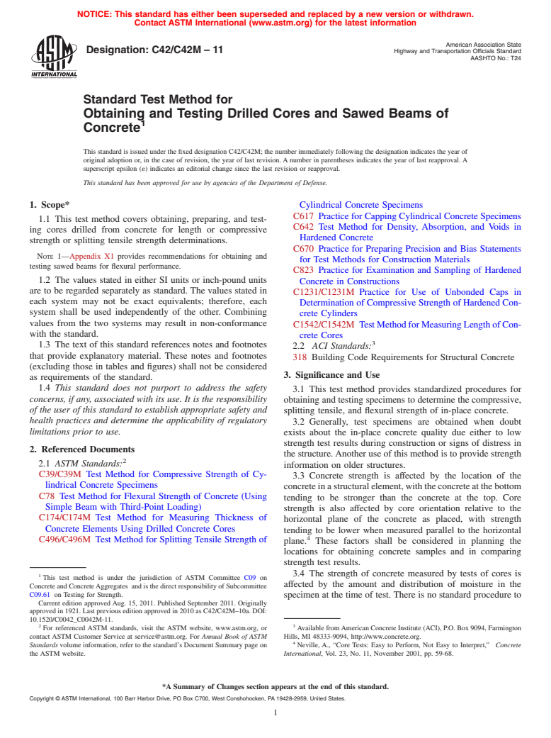 ASTM C42/C42M-11 - Standard Test Method for  Obtaining and Testing Drilled Cores and Sawed Beams of Concrete
