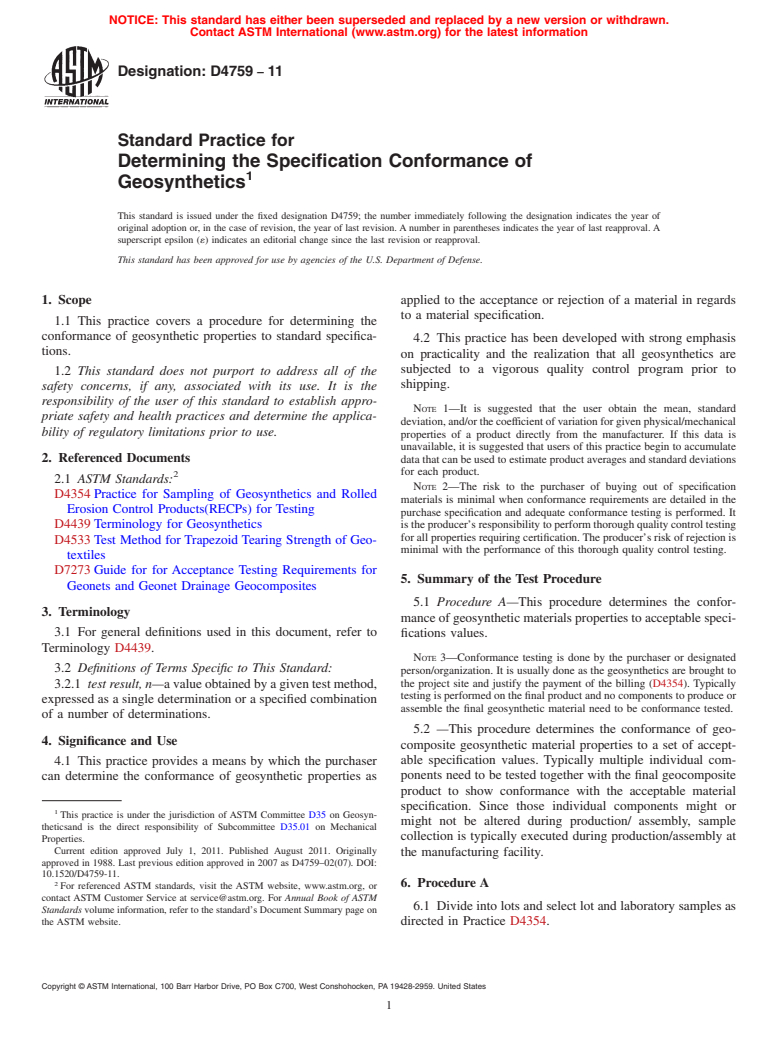 ASTM D4759-11 - Standard Practice for  Determining the Specification Conformance of Geosynthetics