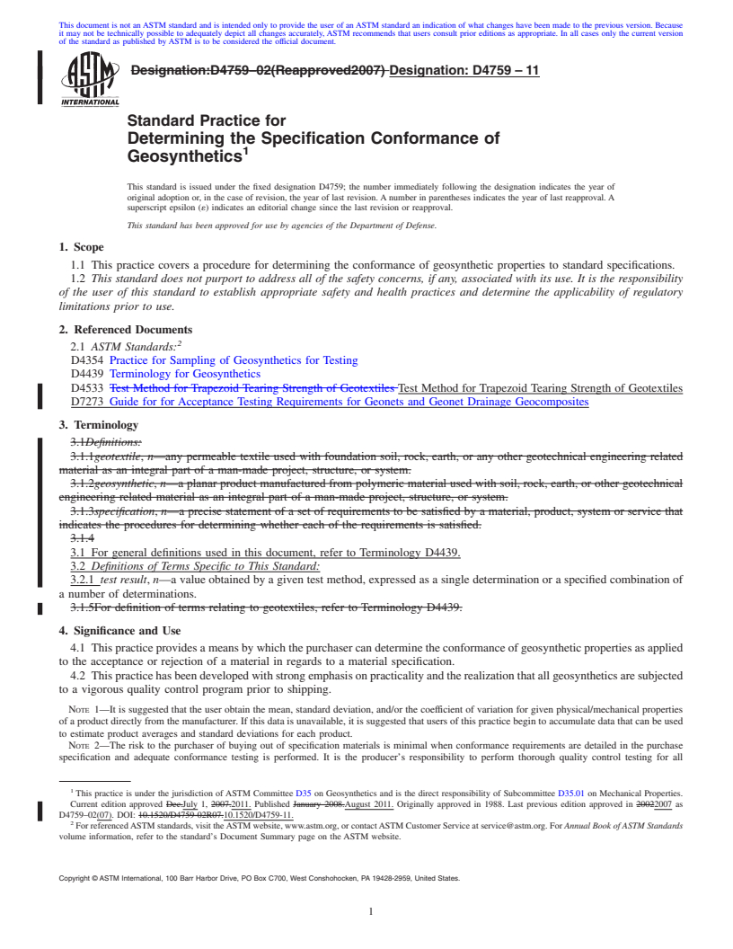 REDLINE ASTM D4759-11 - Standard Practice for  Determining the Specification Conformance of Geosynthetics