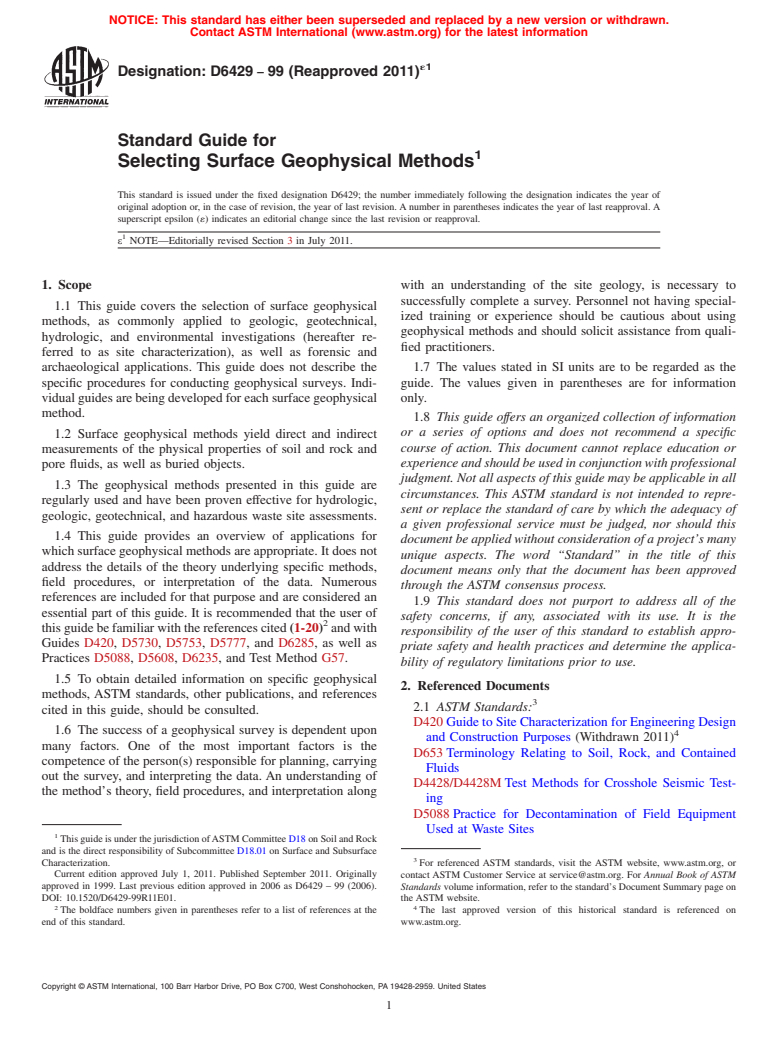 ASTM D6429-99(2011)e1 - Standard Guide for Selecting Surface Geophysical Methods (Withdrawn 2020)