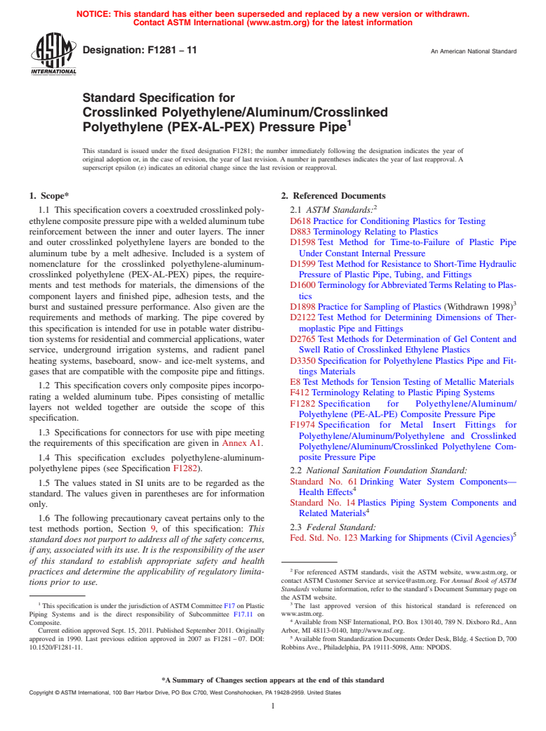 ASTM F1281-11 - Standard Specification for Crosslinked Polyethylene/Aluminum/Crosslinked Polyethylene (PEX-AL-PEX) Pressure Pipe