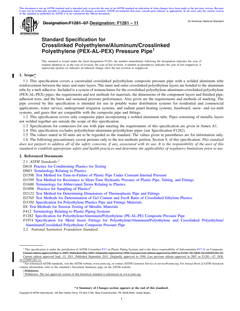 REDLINE ASTM F1281-11 - Standard Specification for Crosslinked Polyethylene/Aluminum/Crosslinked Polyethylene (PEX-AL-PEX) Pressure Pipe