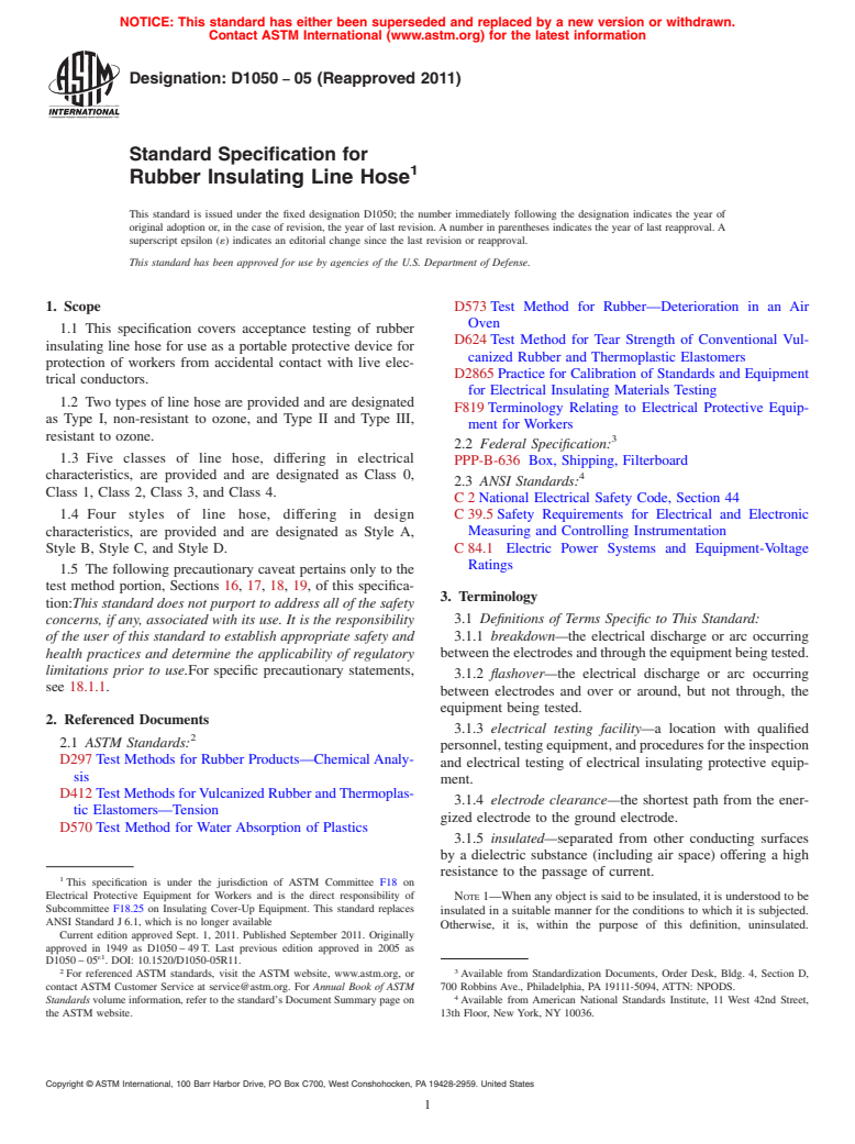 ASTM D1050-05(2011) - Standard Specification for  Rubber Insulating Line Hose