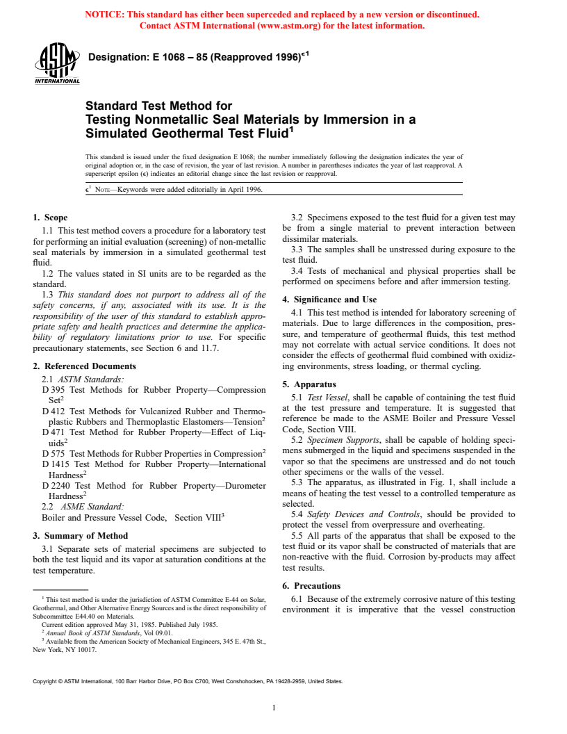 ASTM E1068-85(1996)e1 - Standard Test Method for Testing Nonmetallic Seal Materials by Immersion in a Simulated Geothermal Test Fluid