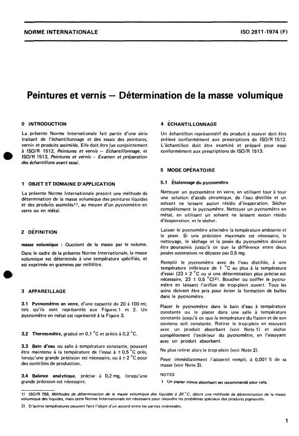 ISO 2811:1974 - Peintures et vernis -- Détermination de la masse volumique