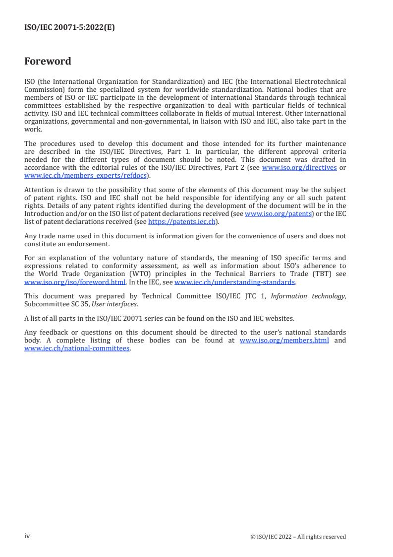 ISO/IEC 20071-5:2022 ISO/IEC 20071-5:2022 - Information technology — User interface component accessibility — Part 5: Accessible user interfaces for accessibility settings on information devices
Released:5/10/2022 - Page 4 preview