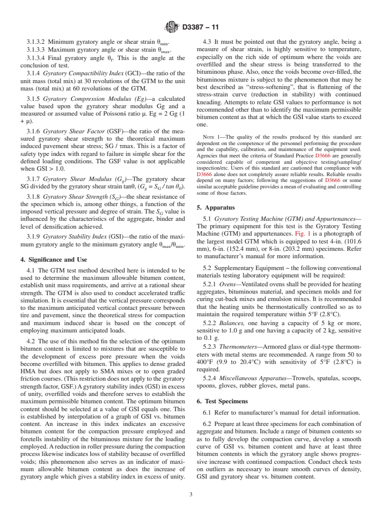 ASTM D3387-11 - Standard Test Method for  Compaction and Shear Properties of Bituminous Mixtures by Means of the U.S. Corps of Engineers Gyratory Testing Machine (GTM) (Withdrawn 2020)