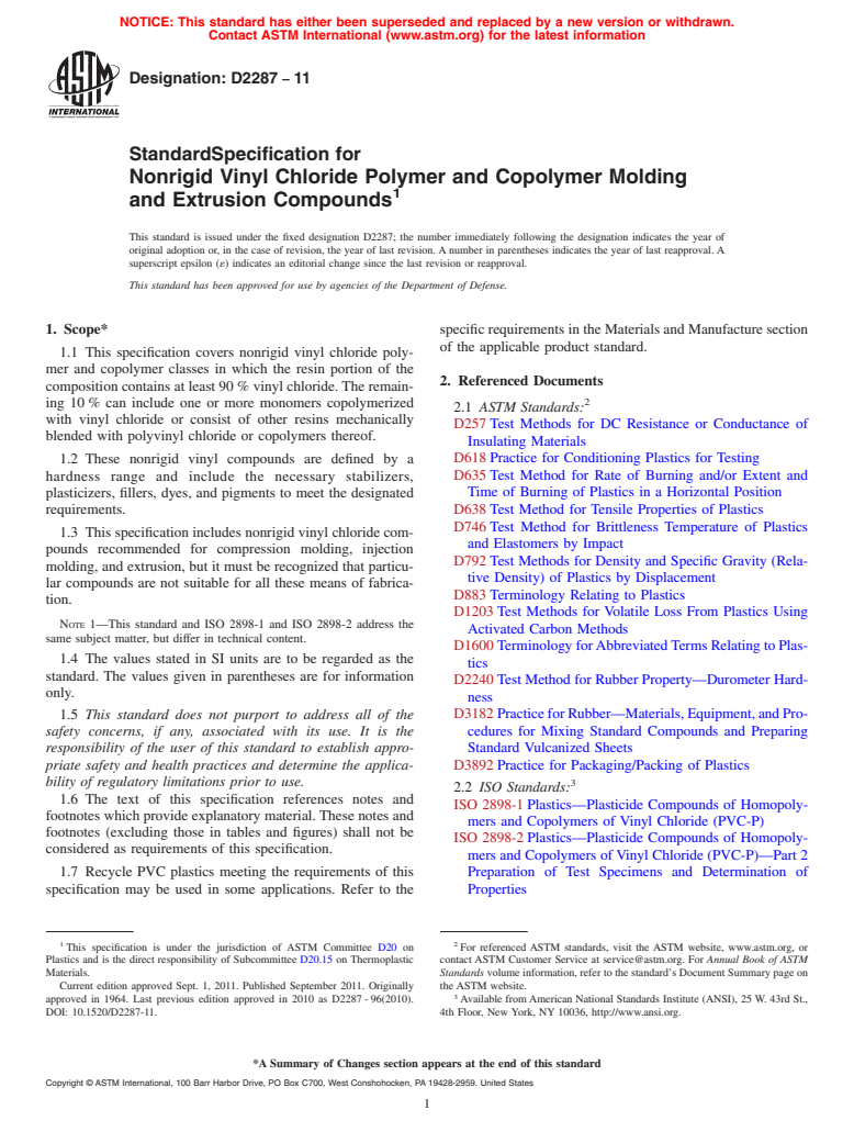 ASTM D2287-11 - Standard Specification for  Nonrigid Vinyl Chloride Polymer and Copolymer Molding and Extrusion Compounds