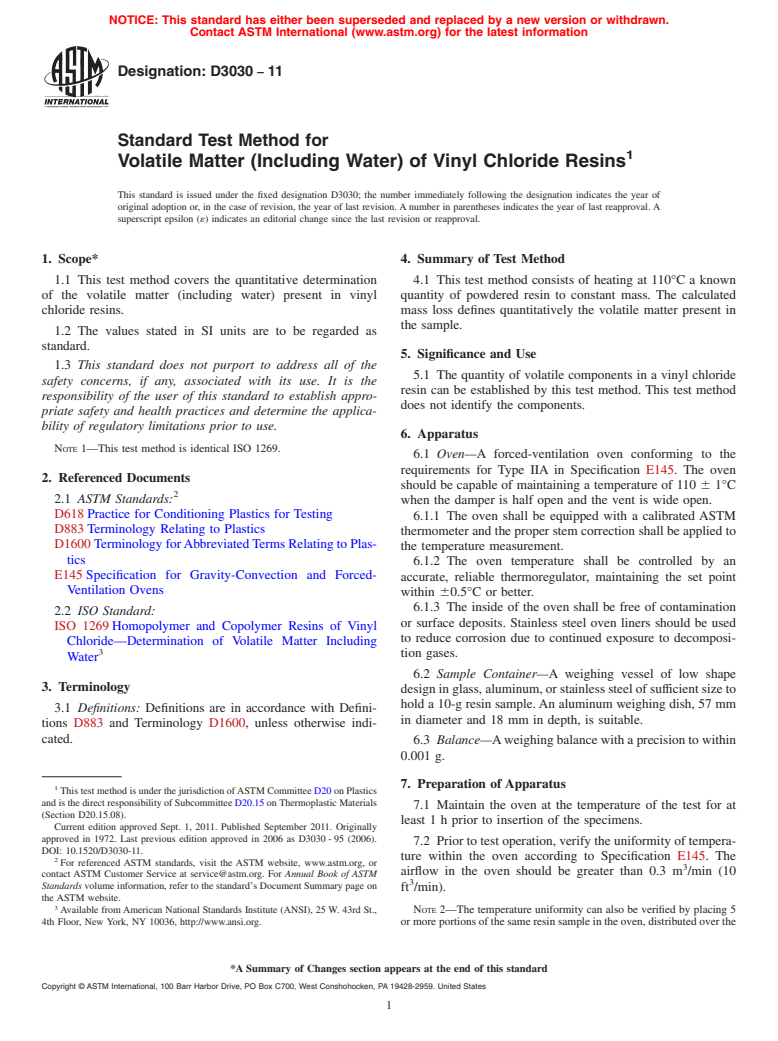 ASTM D3030-11 - Standard Test Method for  Volatile Matter (Including Water) of Vinyl Chloride Resins