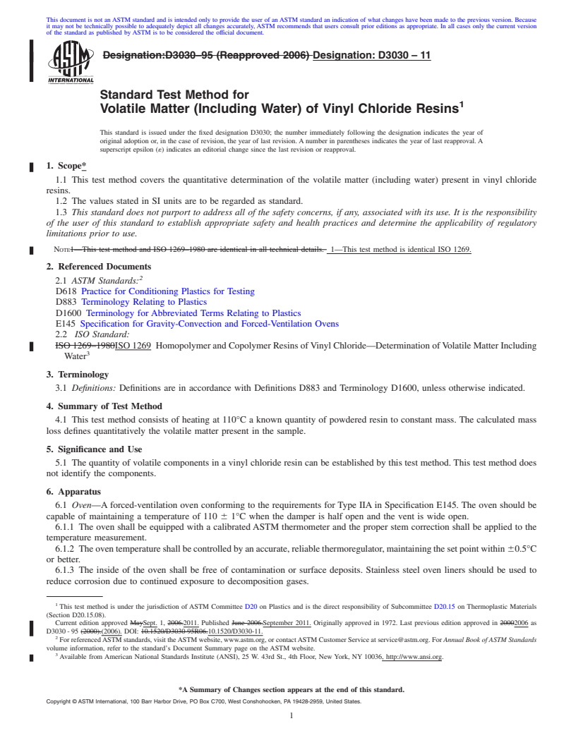 REDLINE ASTM D3030-11 - Standard Test Method for  Volatile Matter (Including Water) of Vinyl Chloride Resins