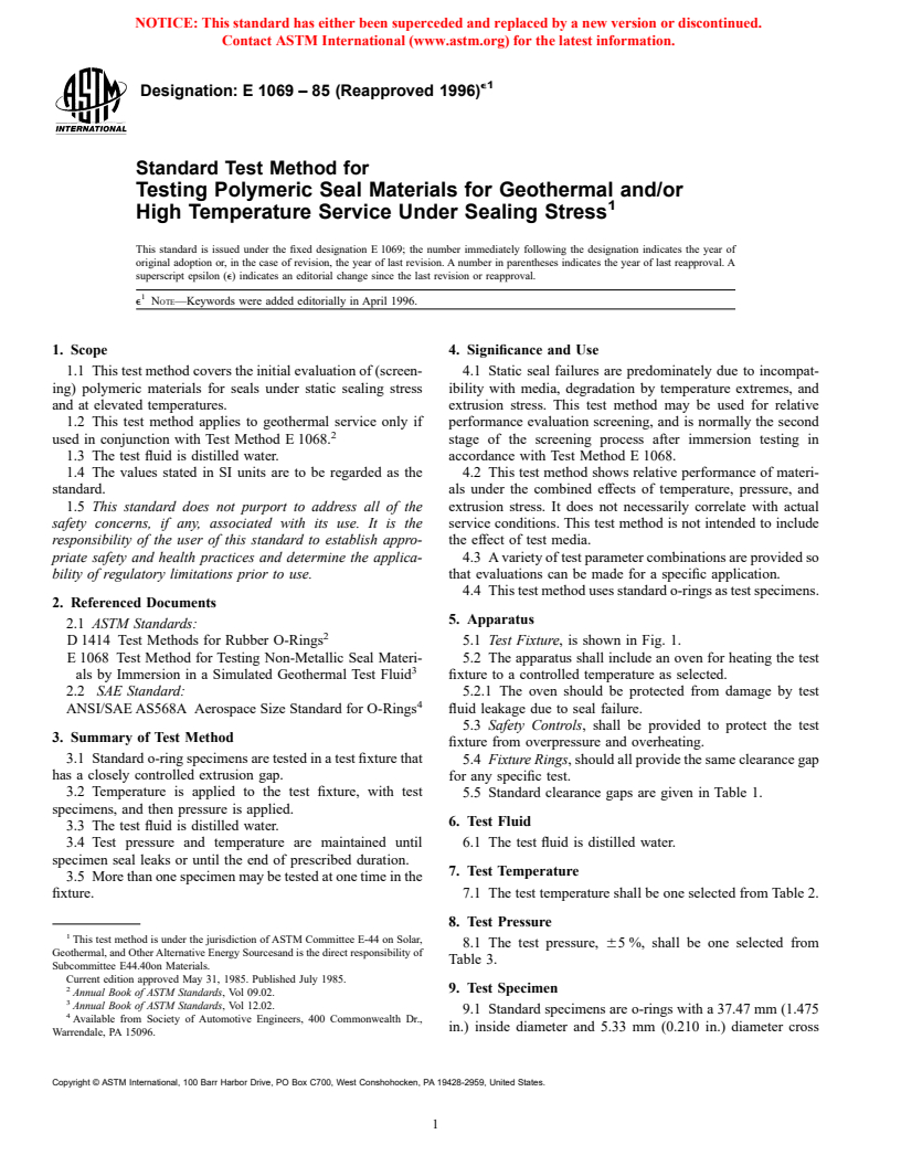 ASTM E1069-85(1996)e1 - Standard Test Method for Testing Polymeric Seal Materials for Geothermal and/or High Temperature Service Under Sealing Stress