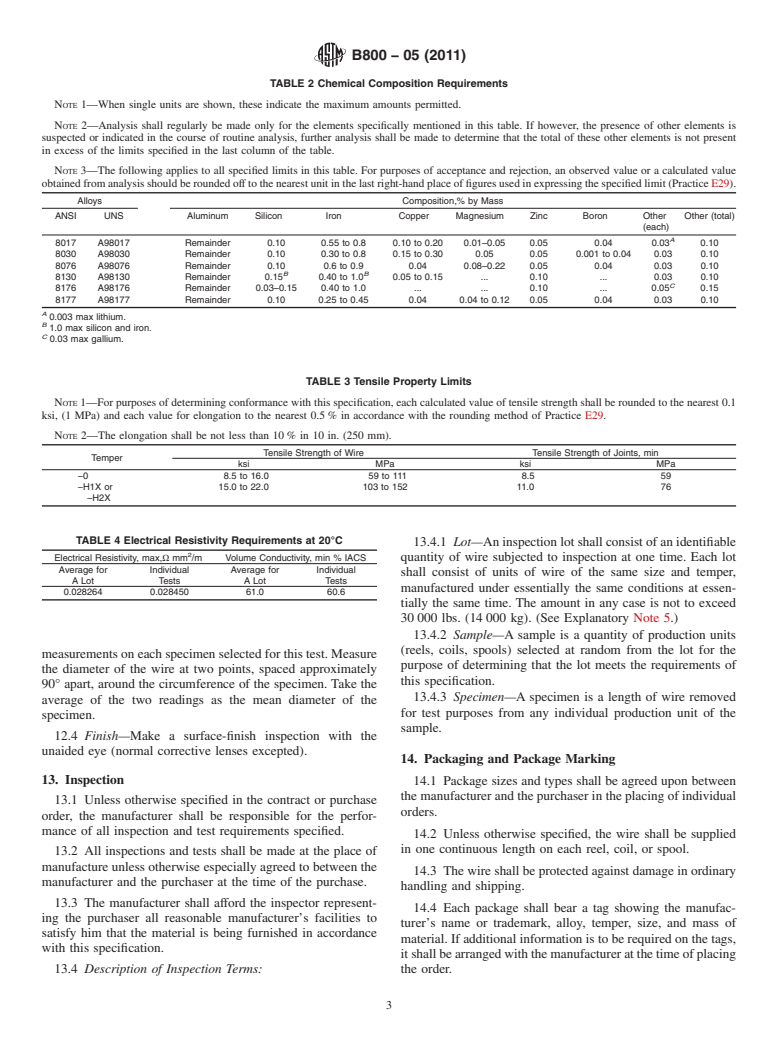 ASTM B800-05(2011) - Standard Specification for 8000 Series Aluminum Alloy Wire for Electrical Purposes<char: emdash>Annealed and Intermediate Tempers