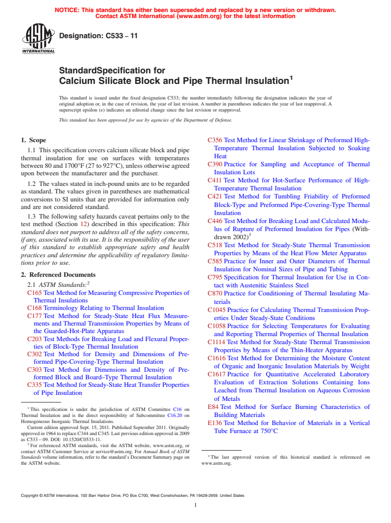 ASTM C533-11 - Standard Specification for  Calcium Silicate Block and Pipe Thermal Insulation