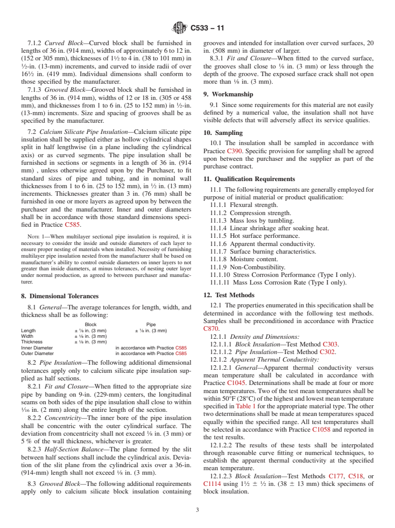 ASTM C533-11 - Standard Specification for  Calcium Silicate Block and Pipe Thermal Insulation