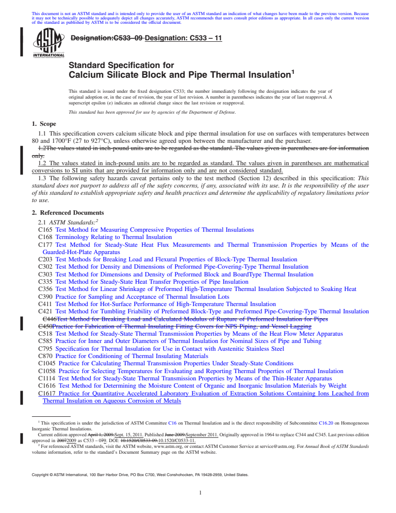 REDLINE ASTM C533-11 - Standard Specification for  Calcium Silicate Block and Pipe Thermal Insulation