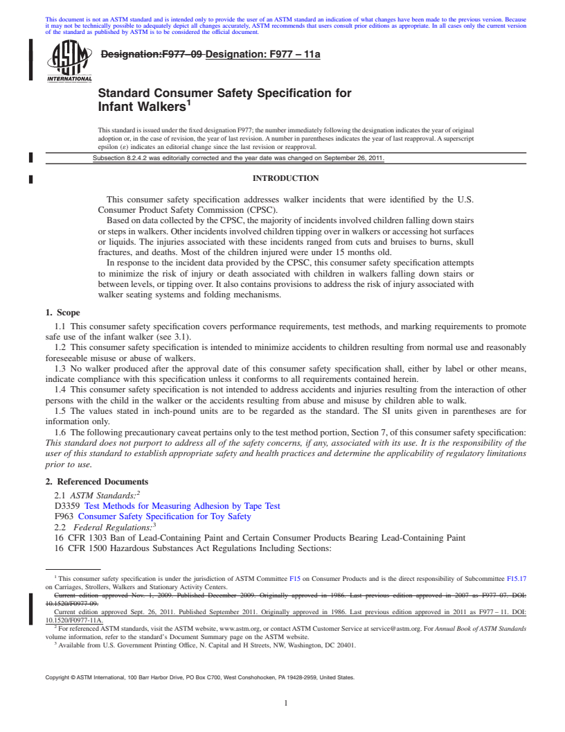 REDLINE ASTM F977-11a - Standard Consumer Safety Specification for Infant Walkers