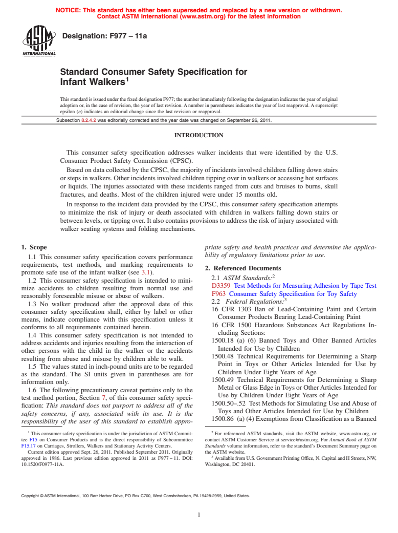 ASTM F977-11a - Standard Consumer Safety Specification for Infant Walkers