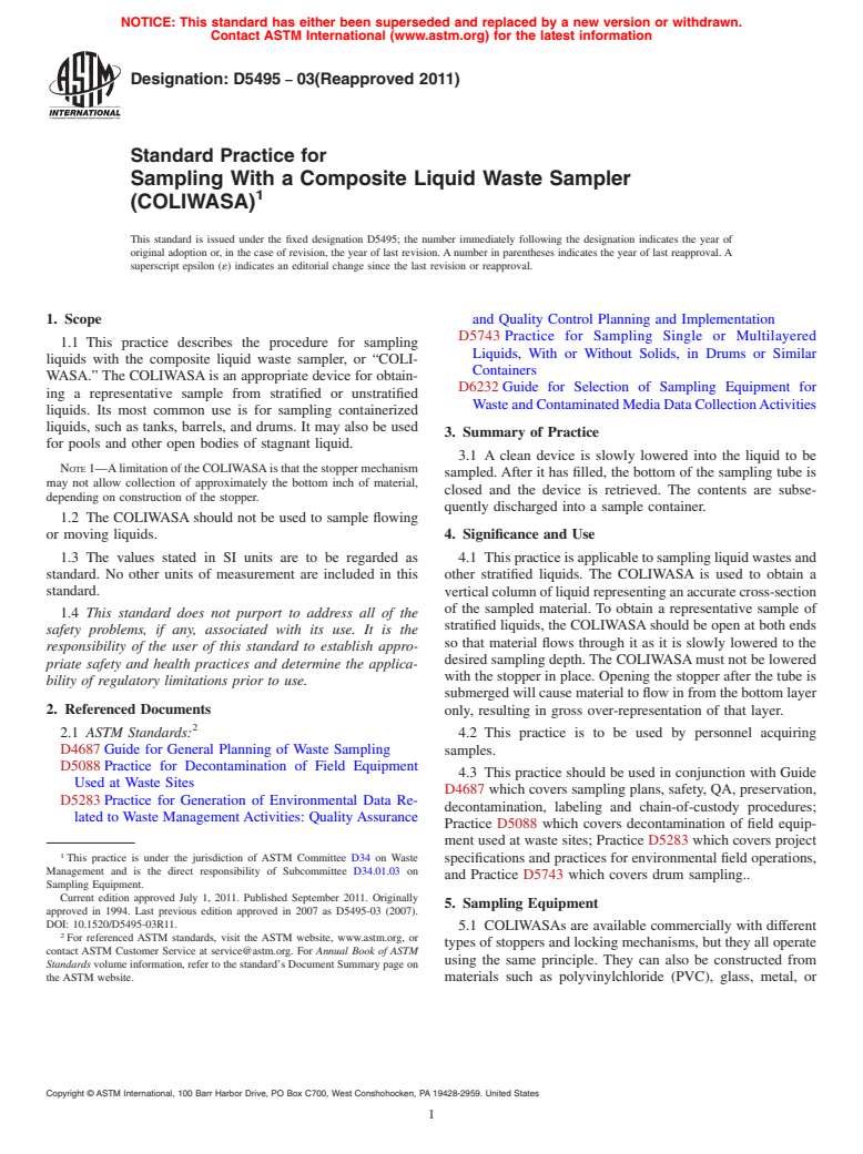 ASTM D5495-03(2011) - Standard Practice for Sampling With a Composite Liquid Waste Sampler (COLIWASA)