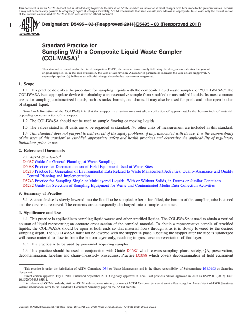 REDLINE ASTM D5495-03(2011) - Standard Practice for Sampling With a Composite Liquid Waste Sampler (COLIWASA)