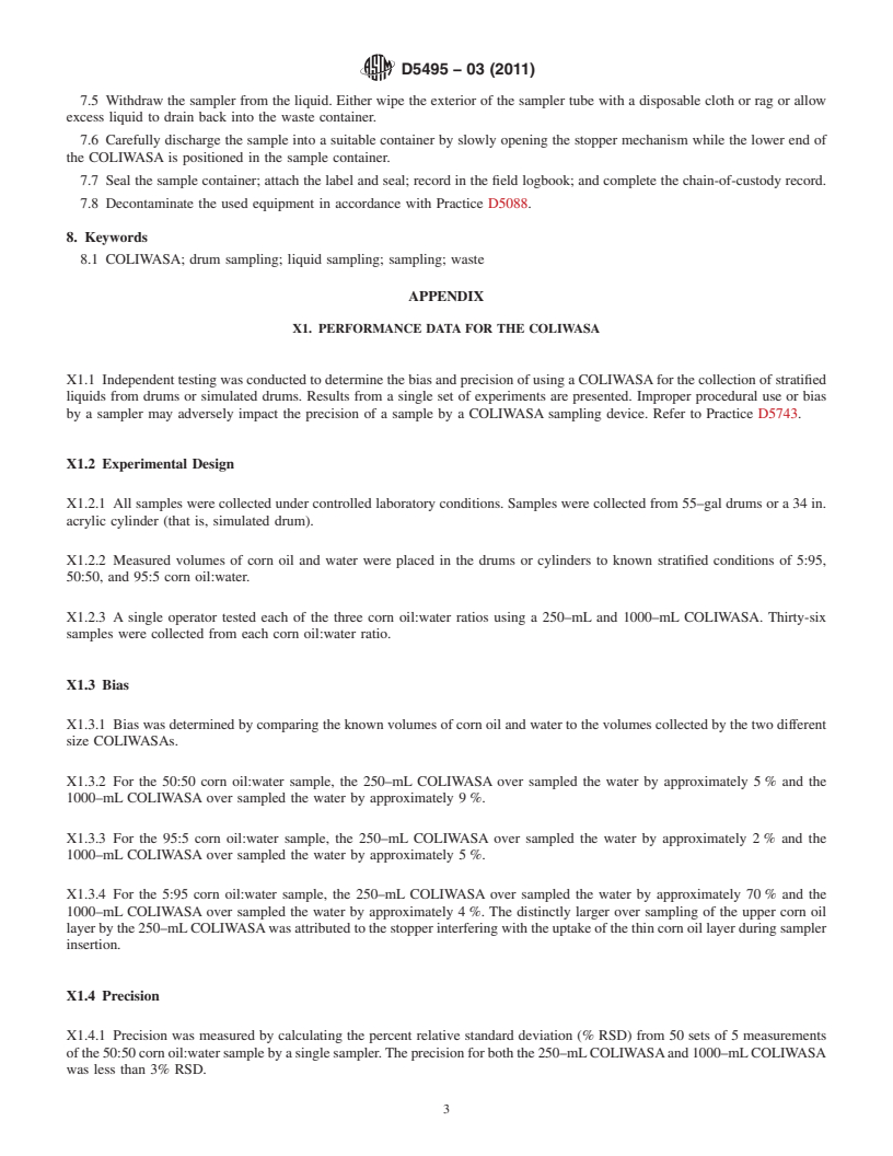 REDLINE ASTM D5495-03(2011) - Standard Practice for Sampling With a Composite Liquid Waste Sampler (COLIWASA)